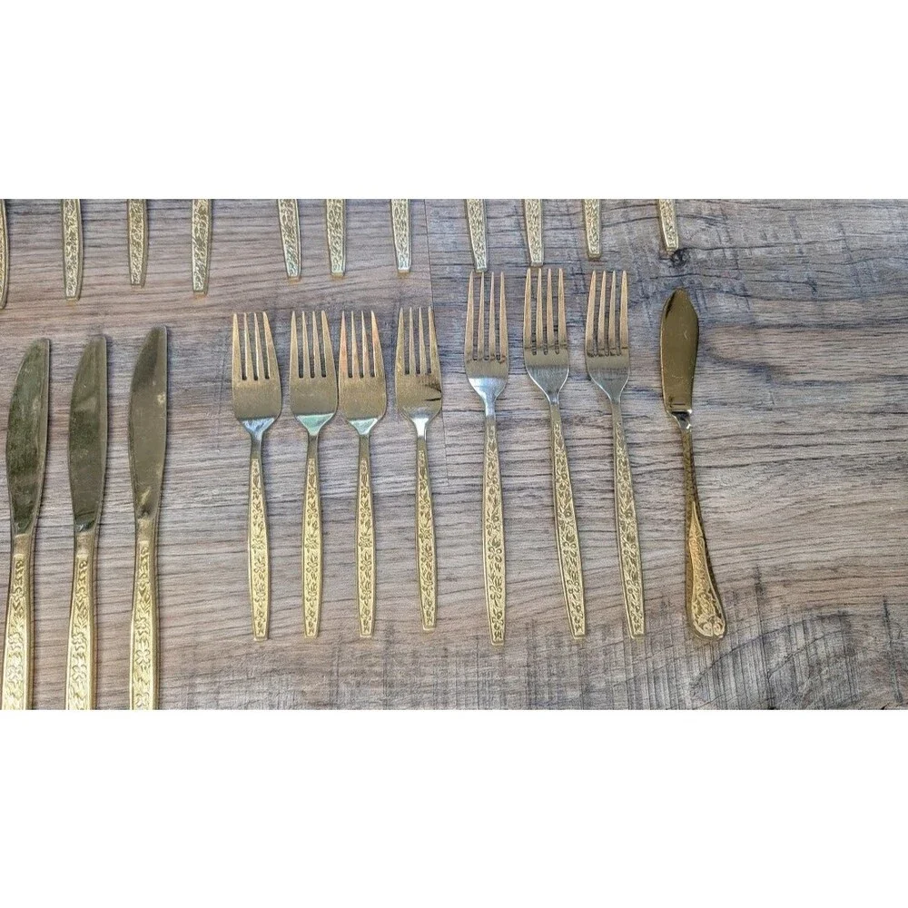 Rogers Korea Gold Plated Stainless Flatware 27 Pieces Forks Spoons Knives -AS-IS